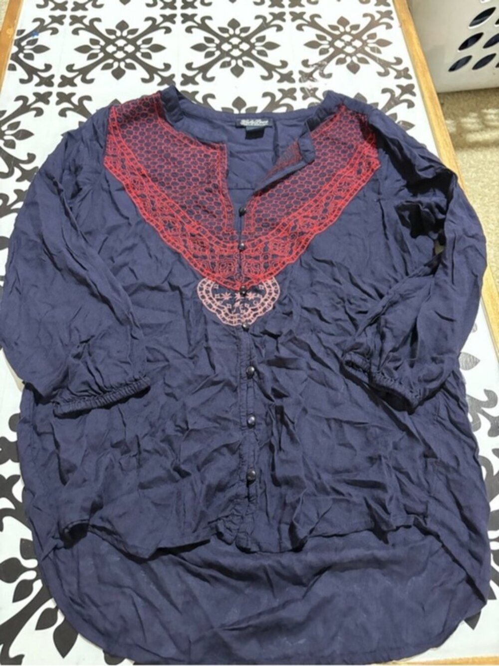 Lucky Brand Navy Button-Front Shirt with Red Lace Yoke